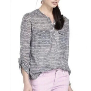 Anthropologie Holding Horses Navy White Top with Tab Sleeves Size 12